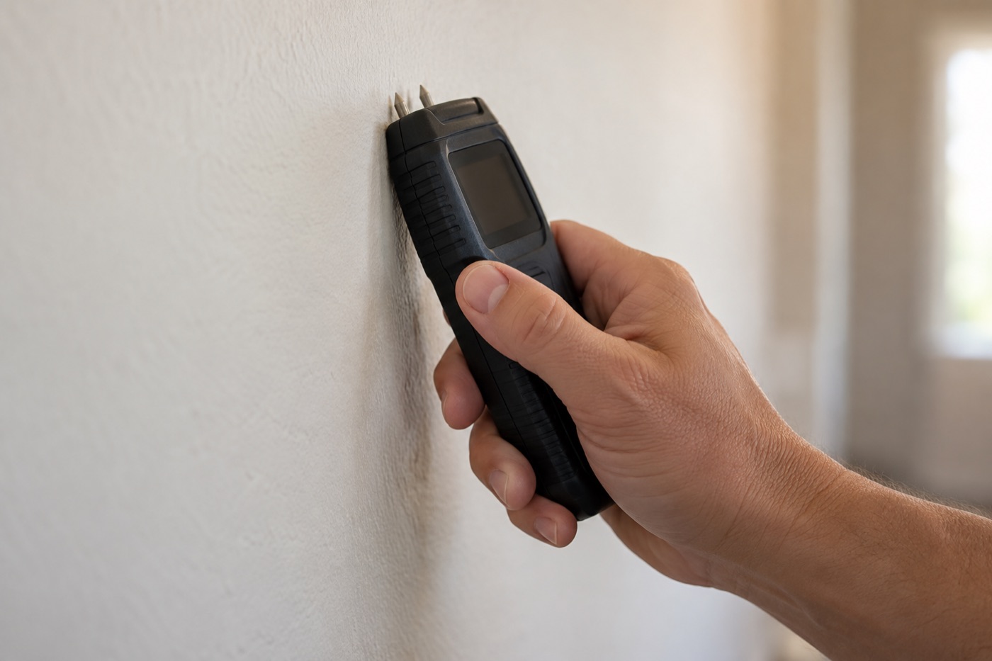 A moisture meter held against a wall during an inspection