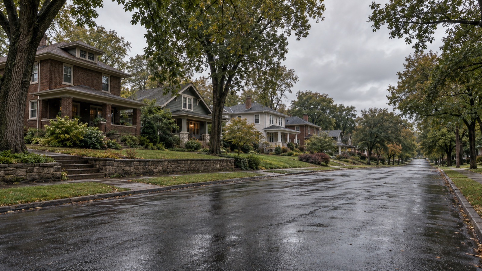 A residential street in the Kansas City metro after rain